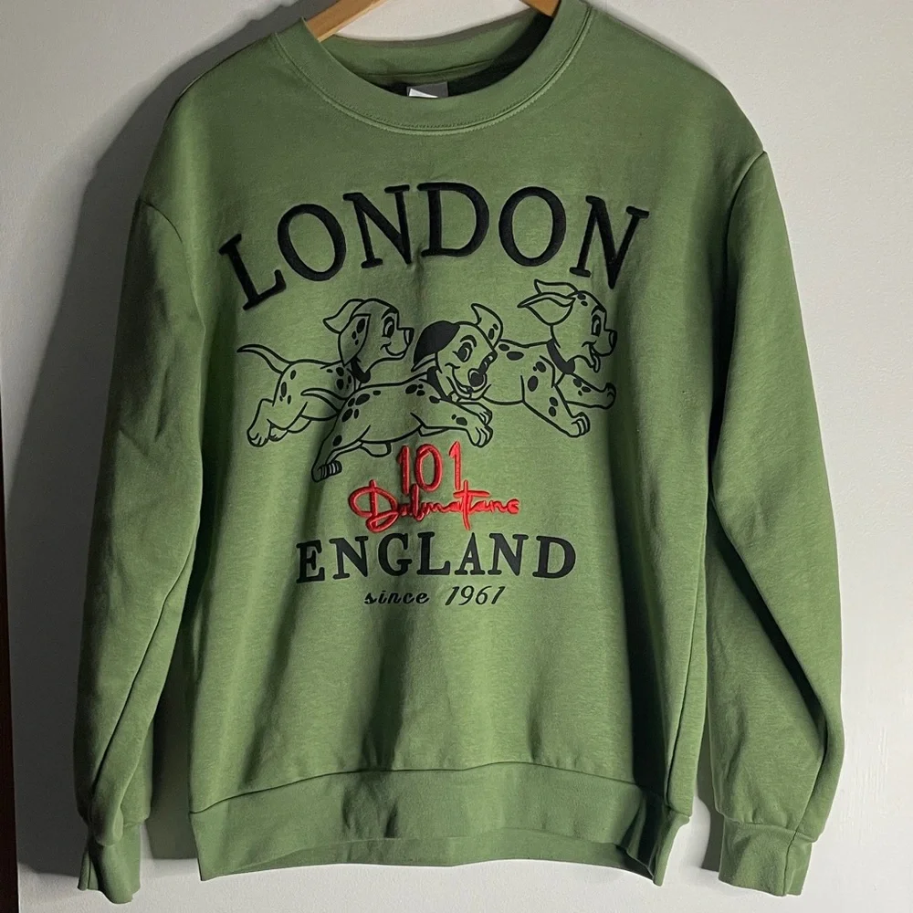 Disney 101 Dalmatians London England LARGE Green Crewneck Fleece Sweatshirt - Picture 2 of 8